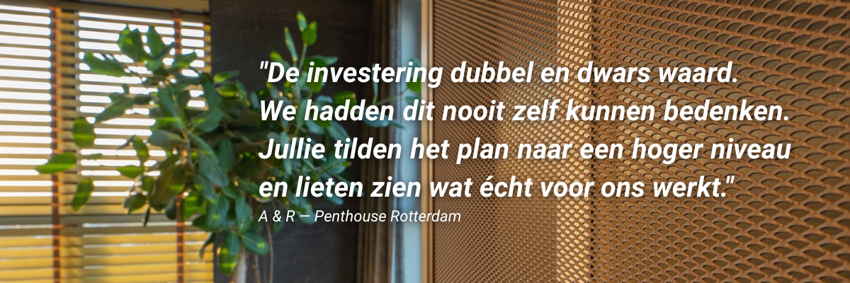Penthouse Rotterdam — detail van maatwerk interieur met testimonial van A & R, ontwerp door Masters of Interior Design