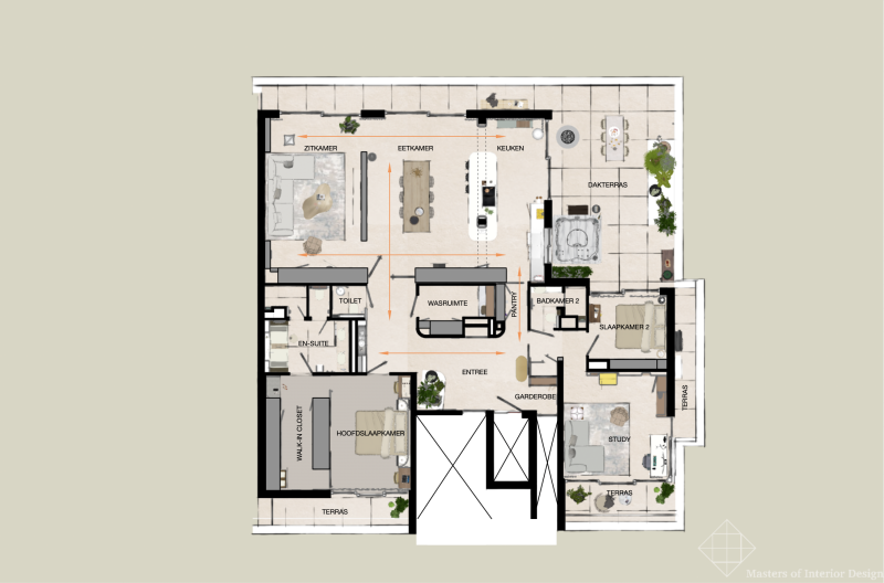 Voorbeeld van een penthouse-plattegrond waarbij de zichtlijnen zorgvuldig zijn ontworpen voor rust, privacy en uitzicht | Interieurarchitect Rotterdam