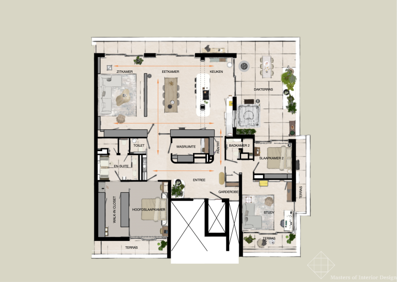 Penthouse-indeling met zichtlijnen | Interieurarchitect Rotterdam Voorbeeld van een penthouse-plattegrond waarbij de zichtlijnen zorgvuldig zijn ontworpen voor rust, privacy en uitzicht | Interieurarchitect Rotterdam