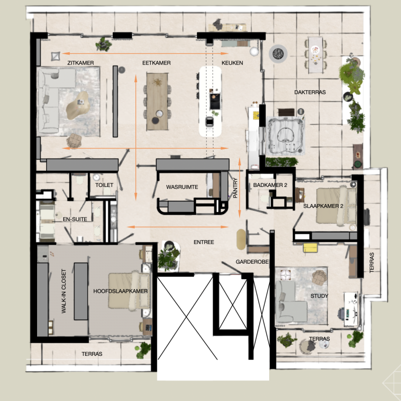 Voorbeeld van een penthouse-plattegrond waarbij de zichtlijnen zorgvuldig zijn ontworpen voor rust, privacy en uitzicht | Interieurarchitect Rotterdam