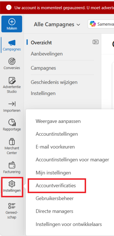 Navigeren naar accountverificaties binnen instellingen