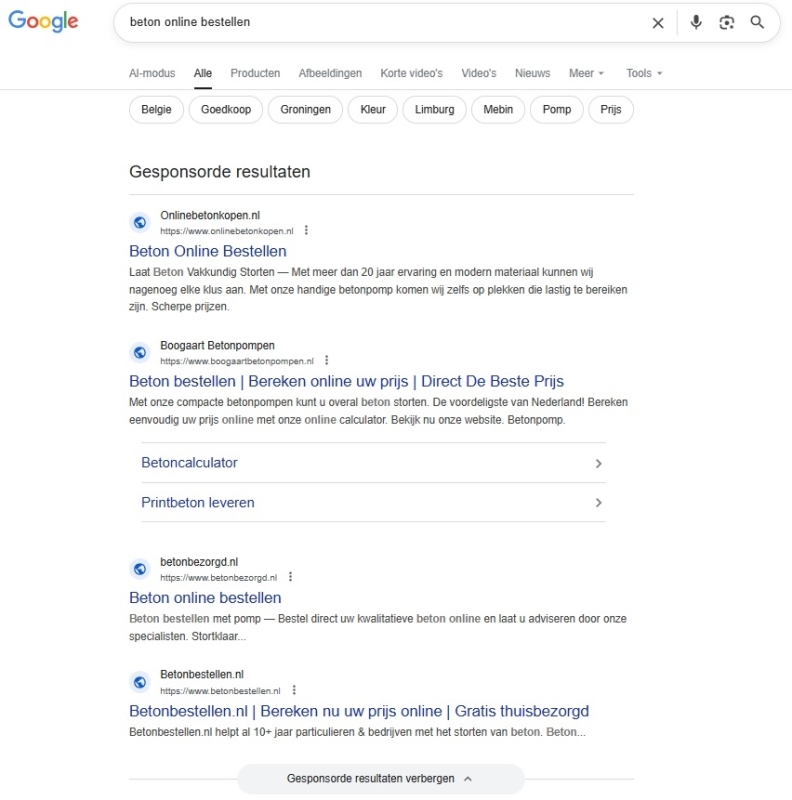 Betonbedrijven adverteren SEA Voorbeelden van betonbedrijven die adverteren met SEA