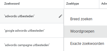 Google Ads zoekwoordtypen breed, zinsdeel en exact