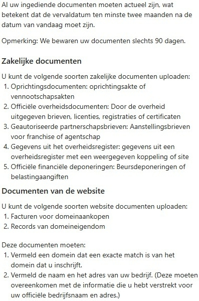 Vereiste zakelijke en website documenten voor Microsoft Ads