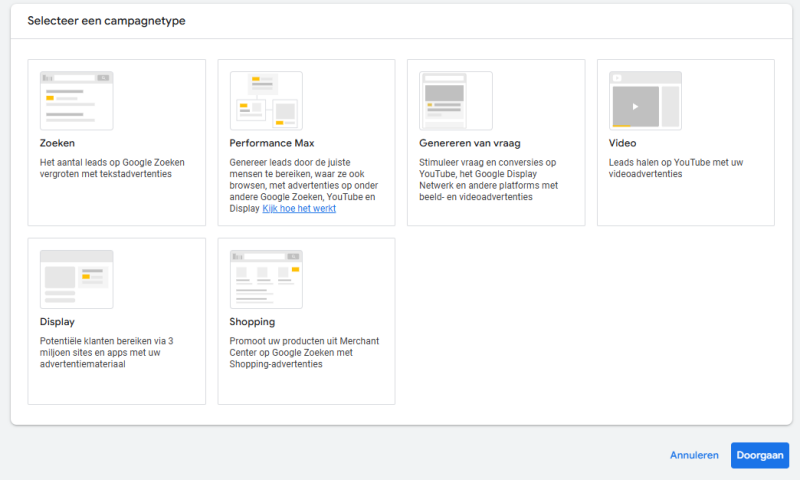 Campagnetypes voor Google Ads