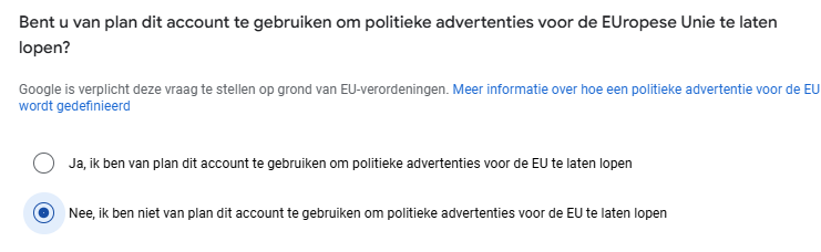 Stap 3 bevestiging geen politieke advertenties google ads