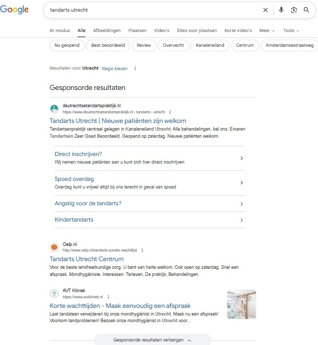 tandarts google ads marketing Voorbeeld van tandarts die Google Ads inzet voor marketing