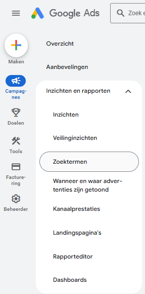 Instellingen binnen Google Ads voor zoektermen