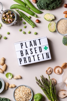 Verschillende plantaardige eiwitbronnen met tekst 'plant based protein'