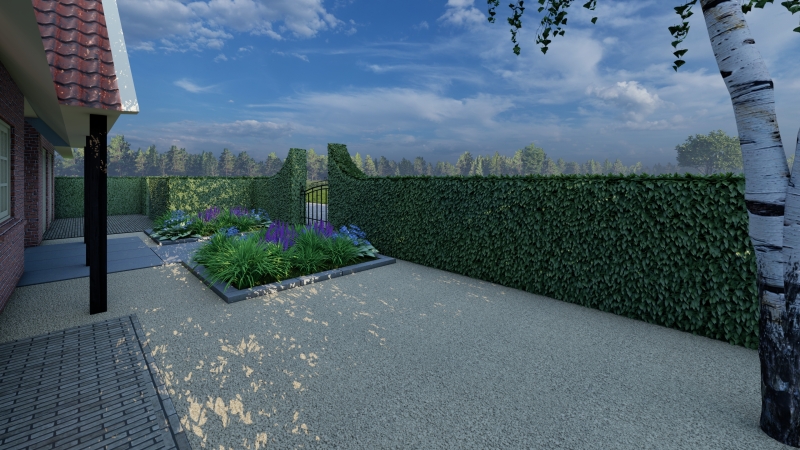 een 3D ontwerp van een plantenschutting met hek
