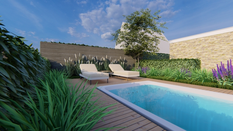 tuin met moderne zwembad en  ligbedden