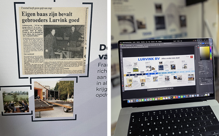 Fotowand met mijlpalen en historische beelden in metaalbedrijf