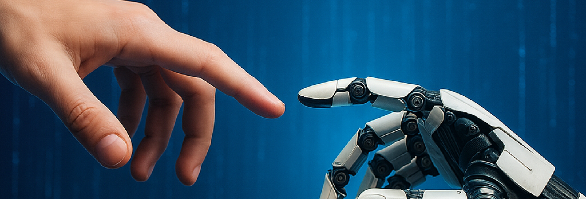 Co-creatie tussen mens en AI – menselijke hand raakt robothand aan Een menselijke hand en een robothand raken elkaar bijna aan, als symbool voor samenwerking en co-creatie tussen mens en kunstmatige intelligentie.