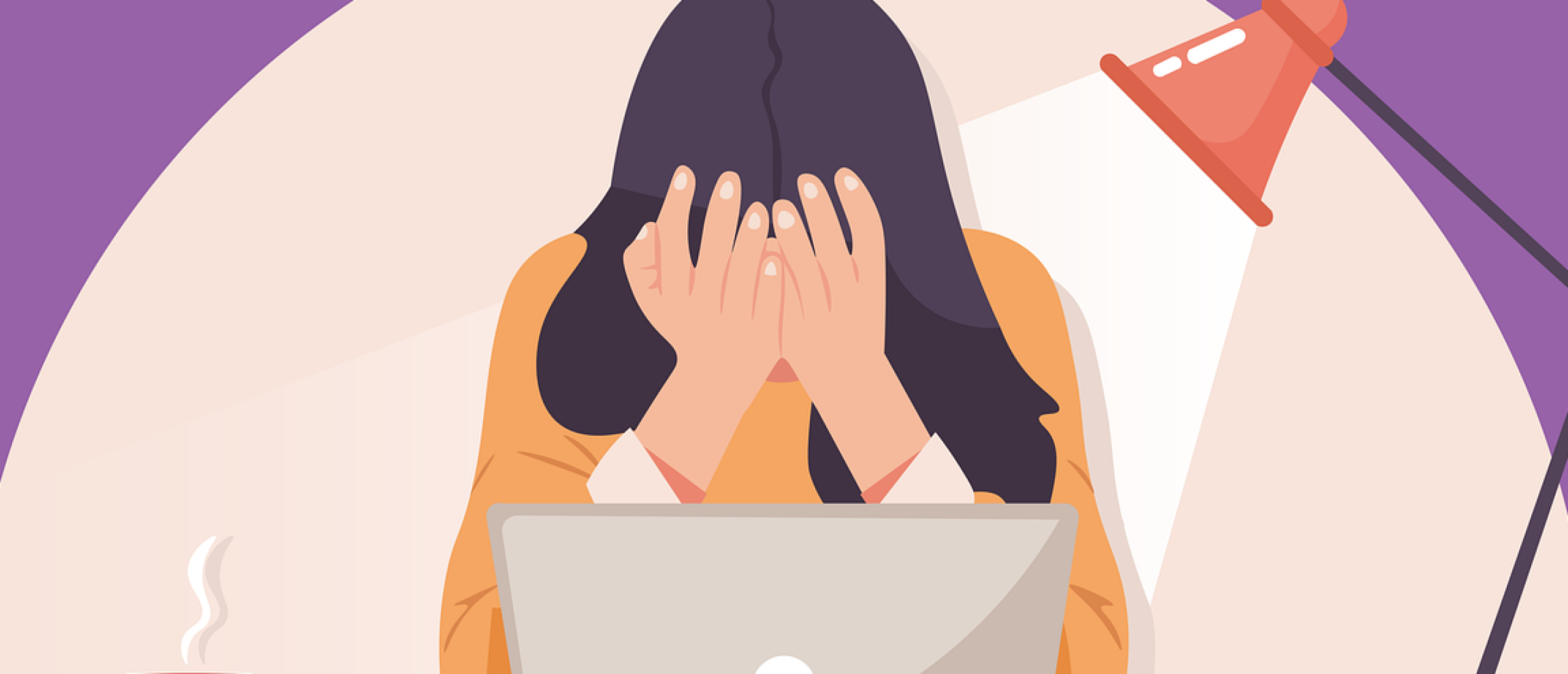 illustratie van vrouw met handen voor ogen achter de laptop