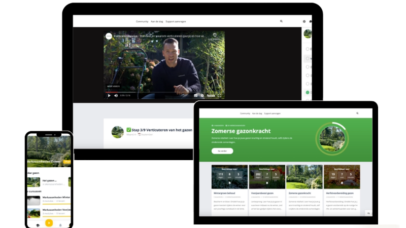 Screenshot of promotiefoto van de Online Gazoncursus, waarmee gazoneigenaren stap voor stap leren hoe ze hun gazon gezond en egaal houden.