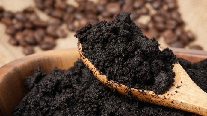 Koffiedik in een houten lepel boven een groen gazon en bloembed, als natuurlijke voedingsbron voor de tuin Vers koffiedik dat wordt gebruikt in de tuin en op het gazon om de bodem te versterken, onkruidgroei te verminderen en gezond gras te stimuleren