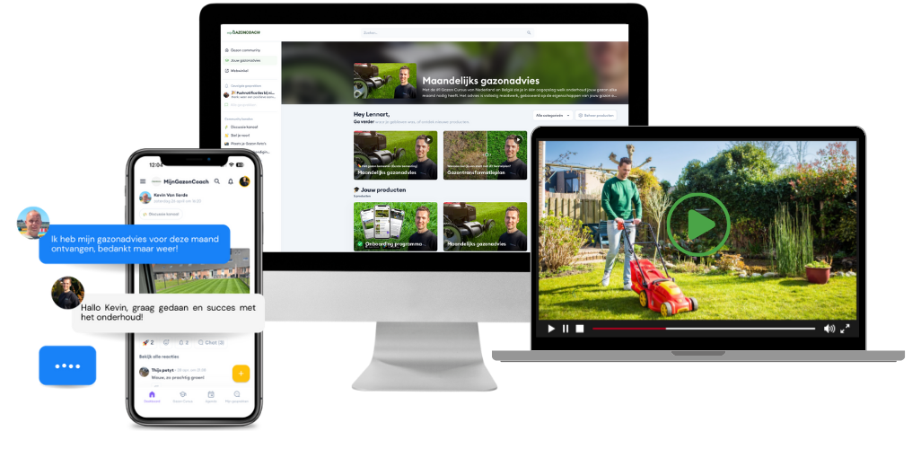 De Gazoncursus van MijnGazonCoach biedt een gestructureerde aanpak om grasgroei te begrijpen op basis van bodem, wortelactiviteit en seizoensinvloeden. Mockup van de Gazoncursus van MijnGazonCoach gericht op duurzame grasgroei.