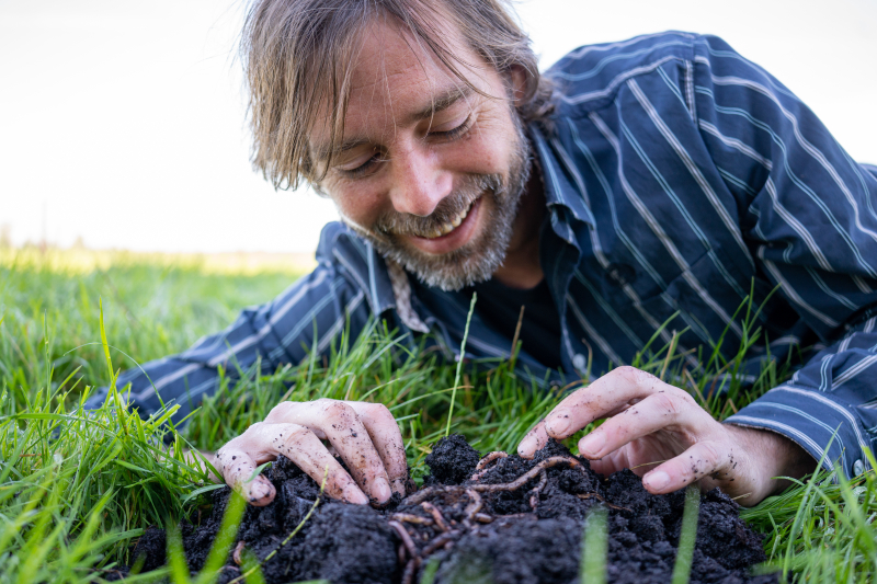 Wormencompost met levende compostwormen Persoon met handen in verse wormencompost met levende compostwormen