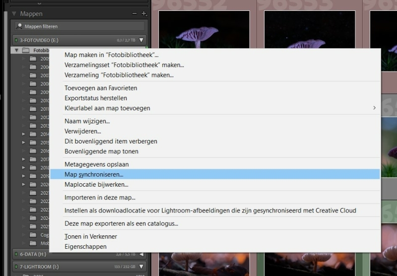 Map synchroniseren in Lightroom Schermafbeelding van Lightroom waarin de optie Map synchroniseren is geselecteerd, als uitleg bij het toevoegen van nieuwe foto’s aan een bestaande map.