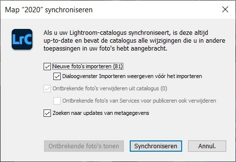 Lightroom map synchroniseren venster Schermafbeelding van het Lightroom-venster Map synchroniseren, waarin je nieuwe foto’s kunt importeren en metadata-updates kunt controleren.