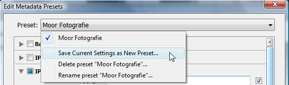 Dropdownmenu in het venster Edit Metadata Presets in Adobe Lightroom met opties om een preset op te slaan, te verwijderen of te hernoemen