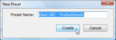 Venster New Preset in Adobe Lightroom met ingevulde presetnaam Klant ABC - Productshoots en een muiscursor op de knop Create