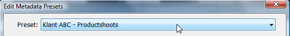 Venster Edit Metadata Presets in Adobe Lightroom met geselecteerde preset Klant ABC - Productshoots in het dropdownmenu