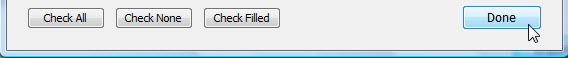 Knoppenbalk onderaan het venster Edit Metadata Presets in Adobe Lightroom met de opties Check All, Check None, Check Filled en Done, waarbij de cursor op de knop Done staat