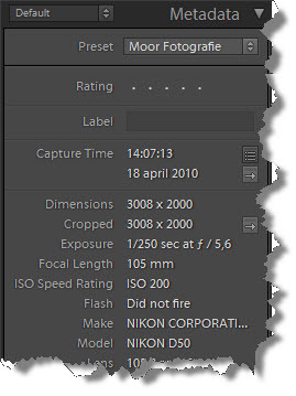 Screenshot van het metadatapaneel in Adobe Lightroom met een geselecteerde preset 'Moor Fotografie', inclusief EXIF-gegevens zoals sluitertijd, ISO, brandpuntsafstand en opnamedatum.