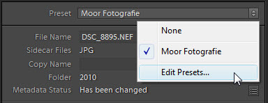 Dropdownmenu in Adobe Lightroom waarin de metadata preset 'Moor Fotografie' is geselecteerd en de optie 'Edit Presets…' zichtbaar is.