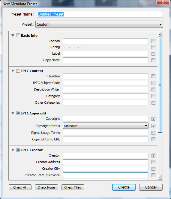 Dialoogvenster 'New Metadata Preset' in Adobe Lightroom met invoervelden voor basisinformatie, IPTC content, copyright en makergegevens.