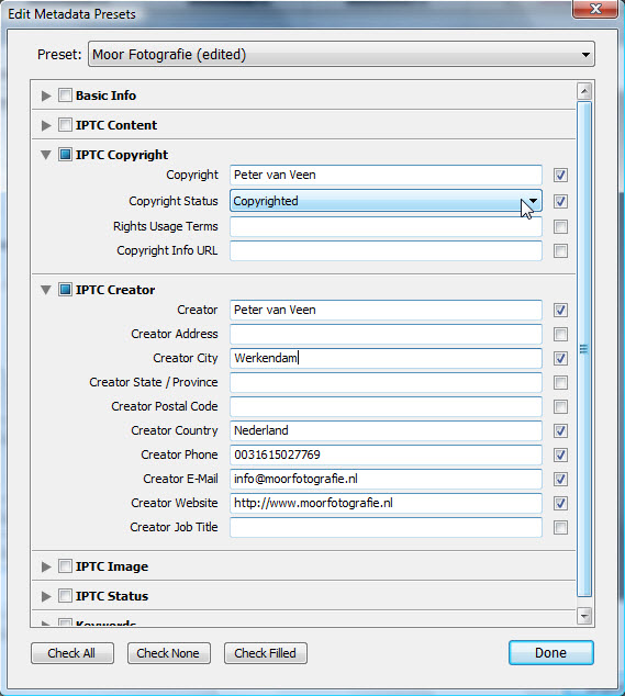 Adobe Lightroom Metadata Presets