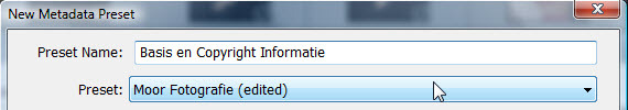 Venster in Adobe Lightroom waarin een nieuwe metadata preset wordt aangemaakt met de naam Basis en Copyright Informatie, gebaseerd op de aangepaste preset Moor Fotografie (edited).