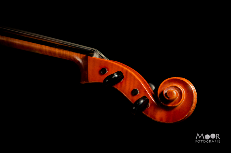 Detailfoto van de krul en hals van een cello tegen een zwarte achtergrond