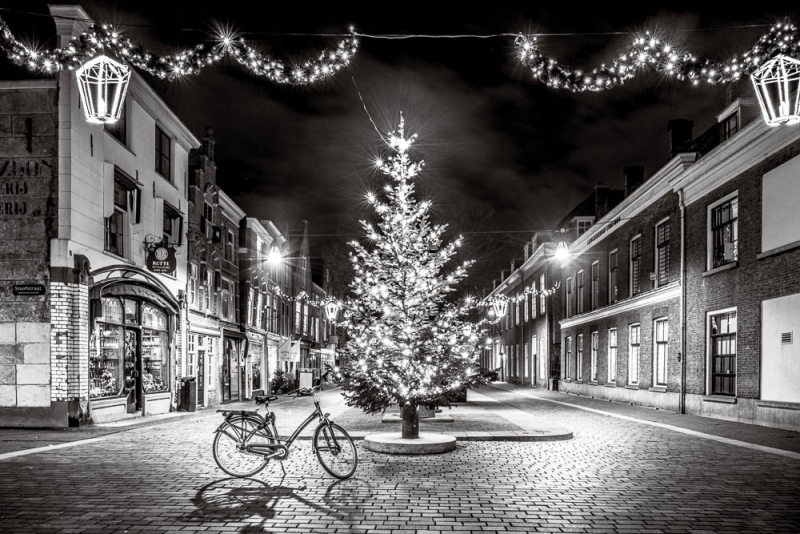 Sfeervolle zwart-wit winterfoto van kerstboom in historisch straatbeeld
