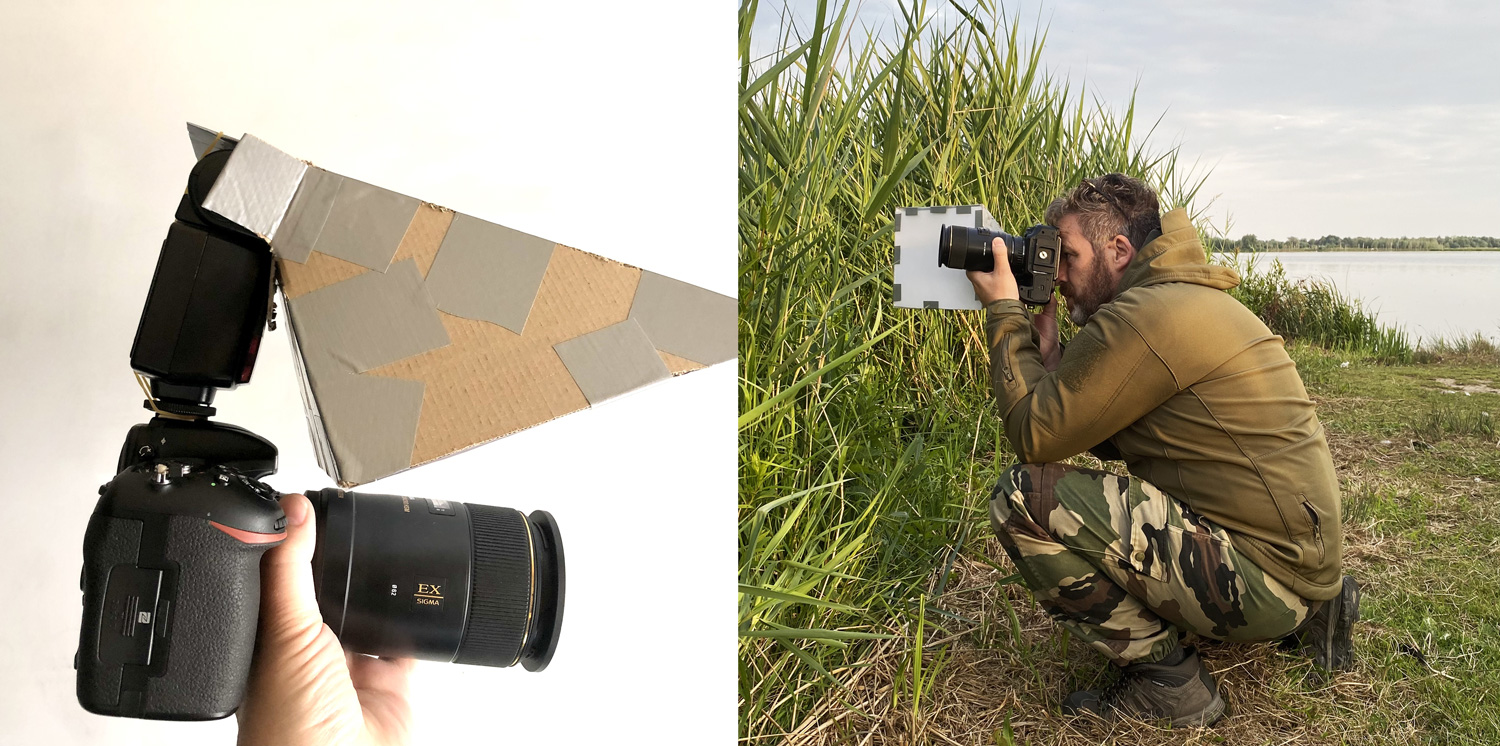 Macrofotografie: Peter in het veld met flash diffuser