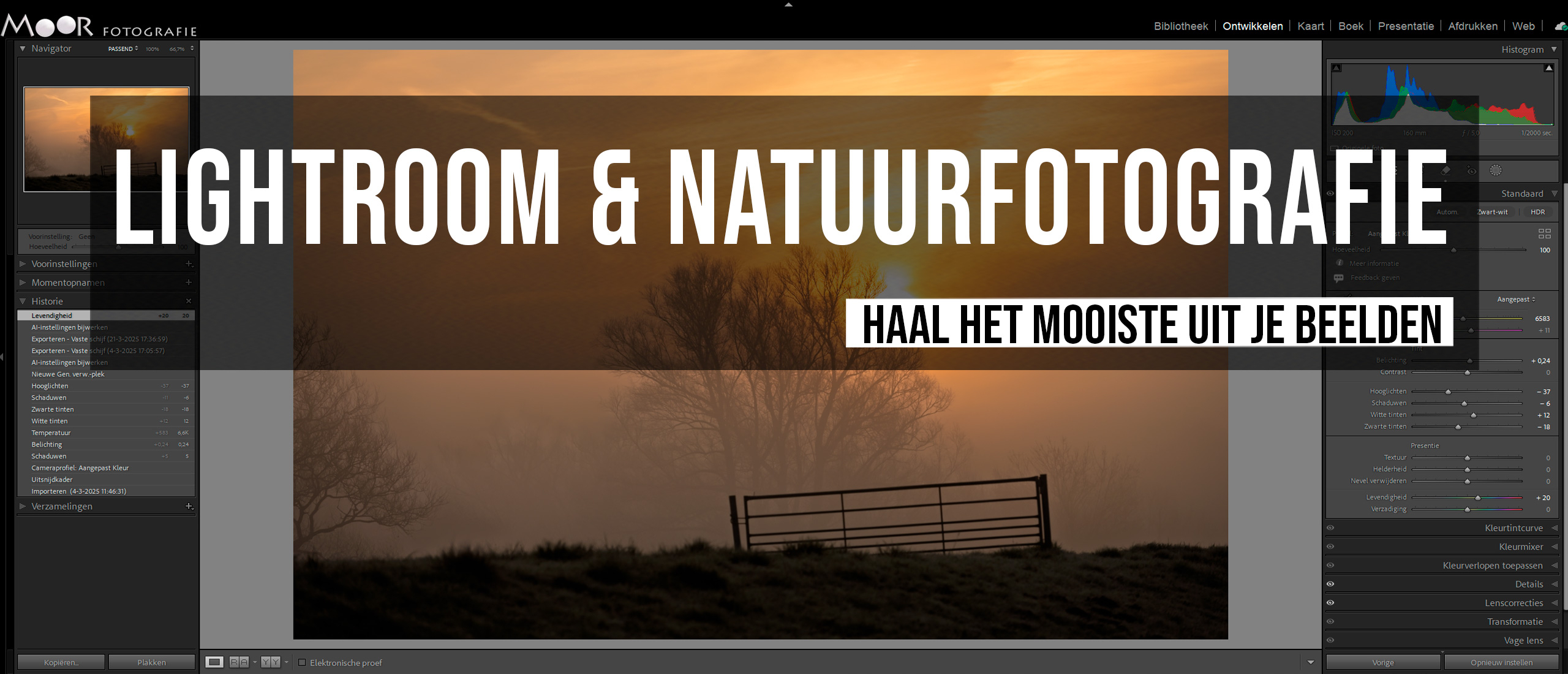 Headerafbeelding met Lightroom-bewerkingsscherm en tekst: Lightroom & Natuurfotografie – Haal het mooiste uit je beelden