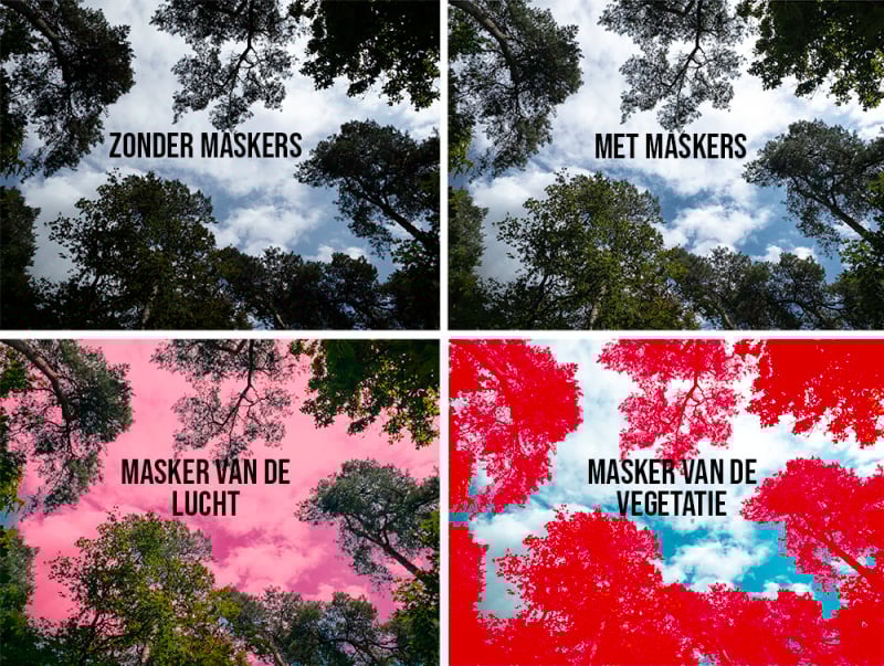 Toepassing van maskers in Lightroom op een natuurfoto: zonder en met maskers, plus afzonderlijke maskers voor lucht en vegetatie