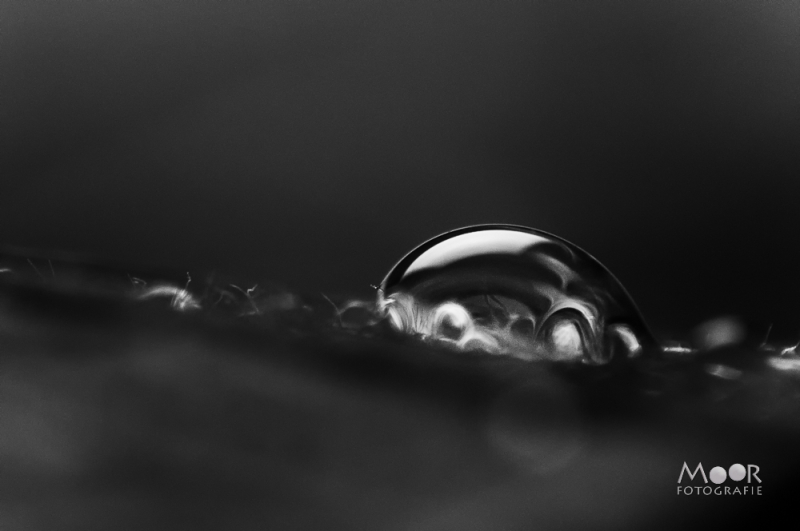 Artistieke macro-opname van een glanzende waterdruppel in zwart-wit, met focus op textuur en lichtreflectie