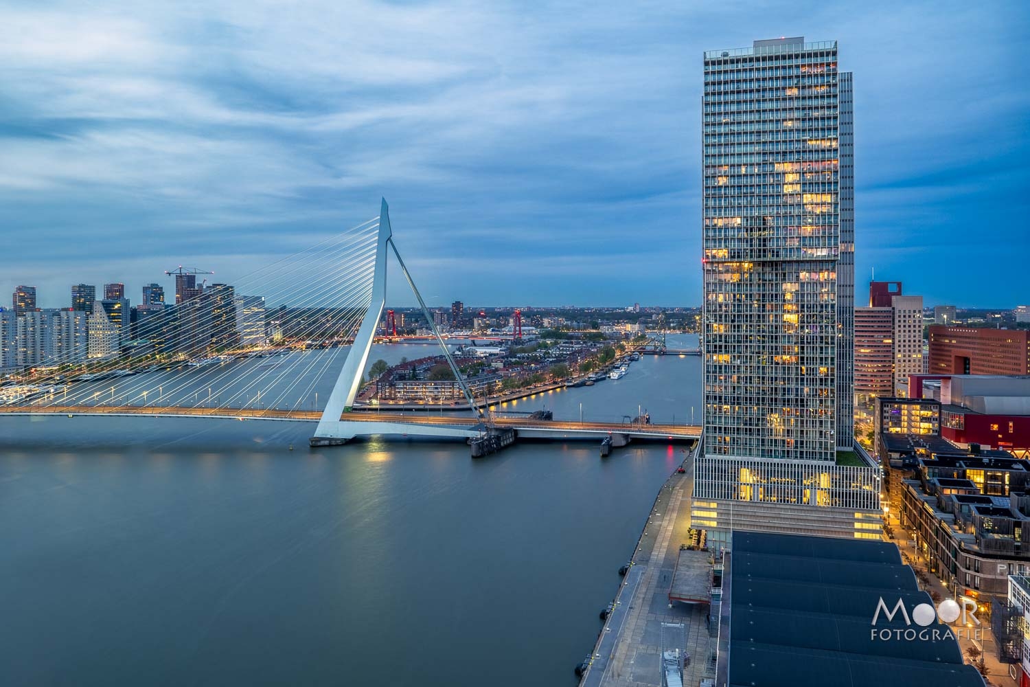 Skyline Rotterdam met de Erasmusbrug in afwachting van het blauwe uur