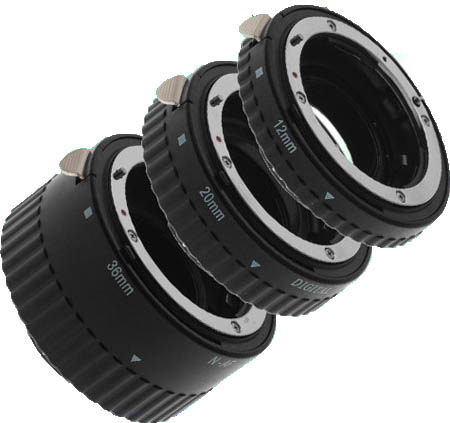 Set tussenringen van 12mm, 20mm en 36mm voor macrofotografie met DSLR-camera, ideaal voor extra vergroting.