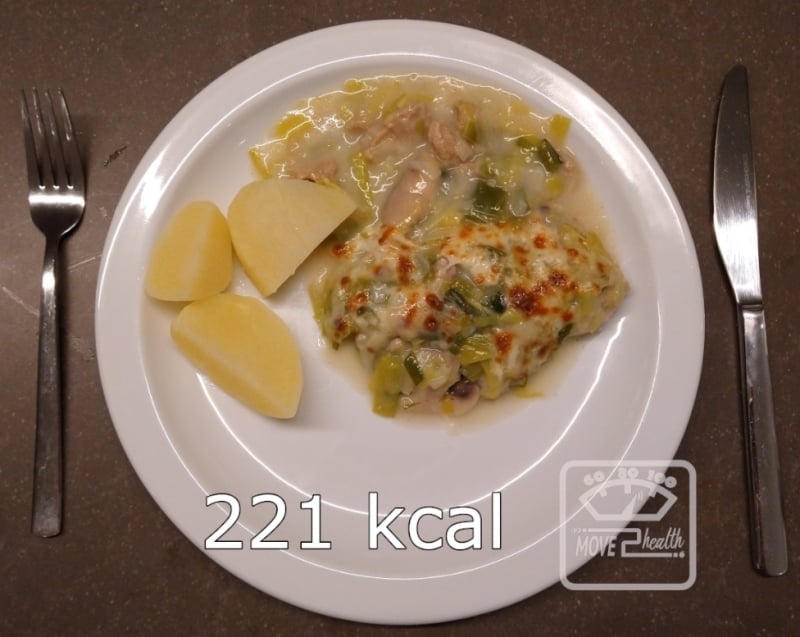 Ovenschotel van prei en kippengehakt gezond en caloriearm recept 221 kcal voedingswaarde