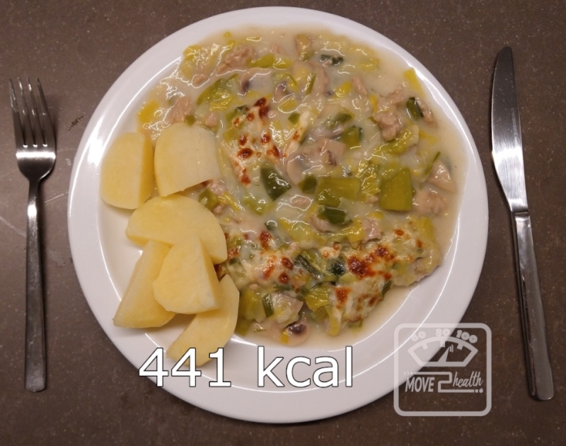 Ovenschotel van prei en kippengehakt gezond en caloriearm recept 441 kcal voedingswaarde