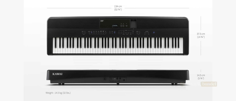 Afmetingen, gewicht en specificaties van de Kawai ES520 digitale piano, compact en draagbaar ontwerp