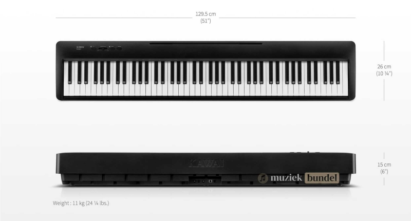 Specificaties en afmetingen van de Kawai ES60 digitale piano, ideaal voor thuisgebruik en draagbaarheid