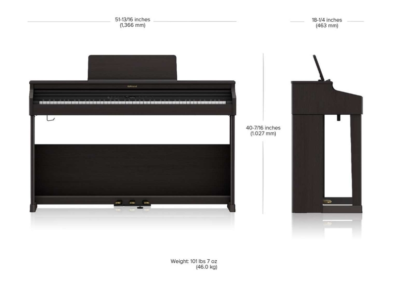 De afmetingen van de Roland RP701, een stijlvolle digitale piano die perfect past in elke huiskamer.