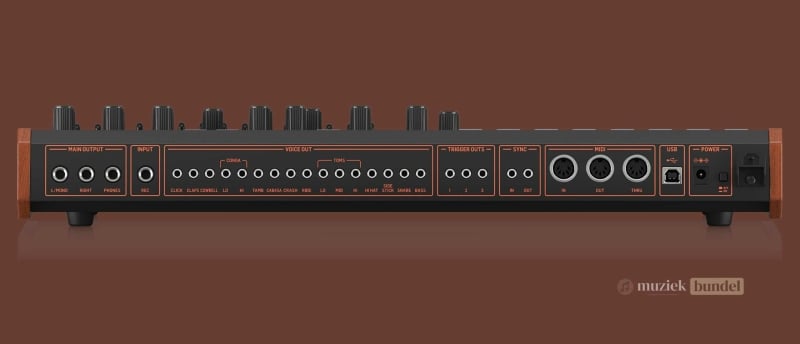 Technische specificaties van de Behringer LM Drum met 8/12-bit sampling, 109 geluiden en geavanceerde sequencingopties.