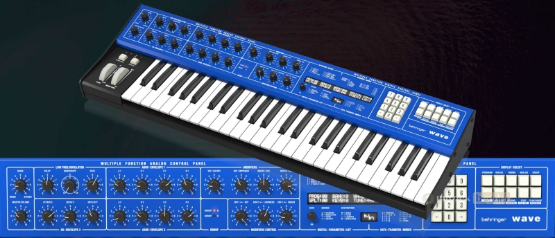 Behringer Wave Synthesizer met hybride wavetable synthese, analoge filters, polyfone sequencer, dual arpeggiator en expressieve speelbaarheid.