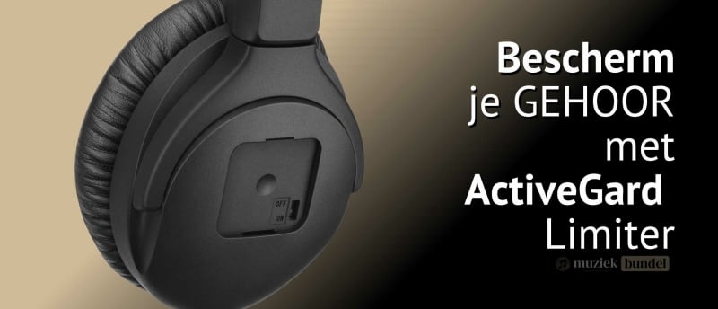 Close-up van de Sennheiser HD 300 PROtect hoofdtelefoon met ActiveGard Limiter, ontworpen om gehoor te beschermen tegen plotselinge geluidsniveaus.