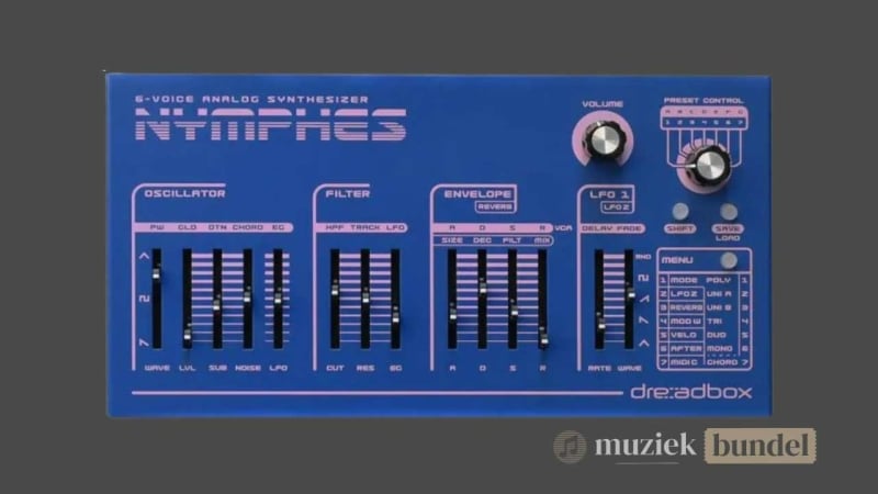 Dreadbox Nymphes analoge polyfonische synthesizer met 6-stemmige polyfonie en klassieke 80s-sound